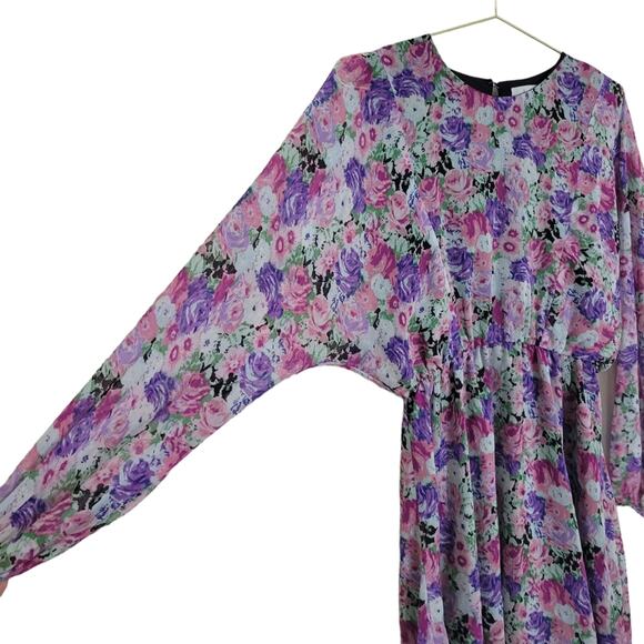 WAYF Mini Dress Sz Small S Spring Purple Floral Long Sleeve Flutter All over - Picture 6 of 11